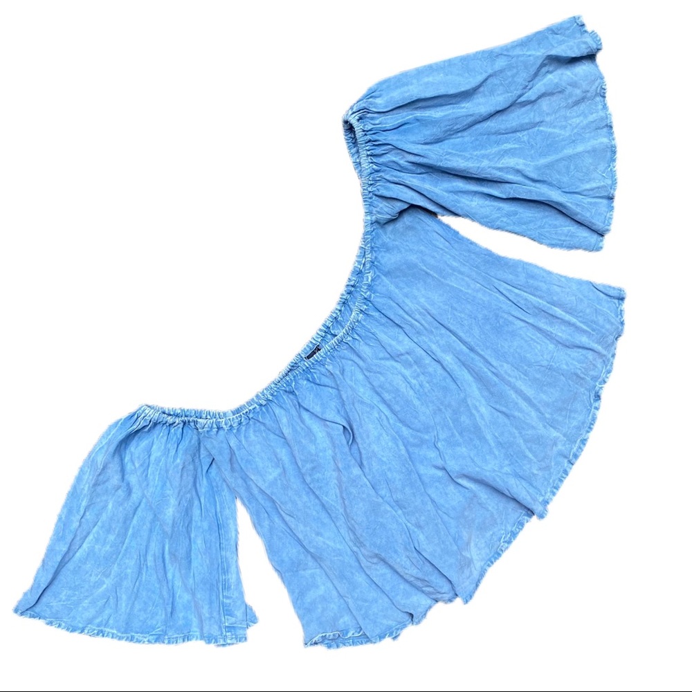 D & KADE Blue Denim Fan Sleeve Off Shoulder Blouse